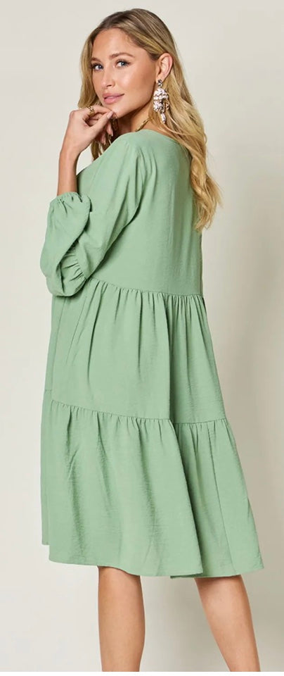 V-Neck Balloon Sleeve Tiered Dress (5 Colors)