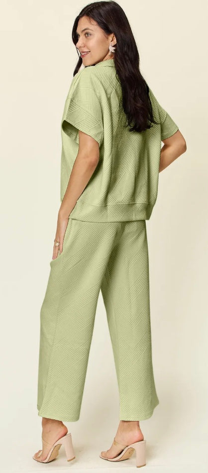 Textured Half Zip Short Sleeve Top and Pant Set  (4 Colors)