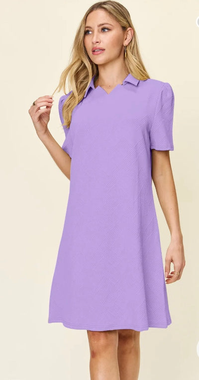 Textured Coillared Neck Short Sleeve Dress (8 Colors)