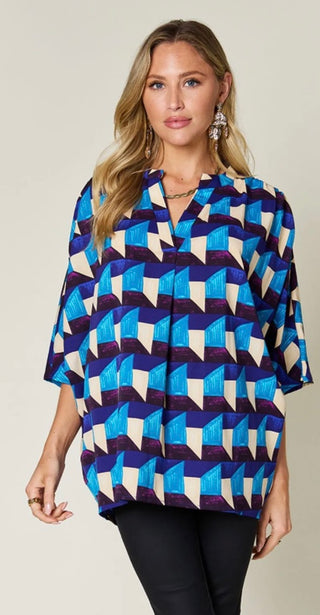 Curvy Sky Blue Geometric Notched Half Sleeve Blouse Final Sale