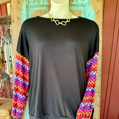 CURVY MULTICOLOR CROCHET PRINT LONG SLEEVE TOP