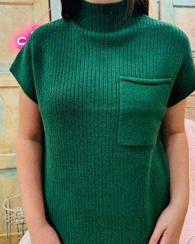 DK GREEN MOCK NECK SHORT SLEEVE SWEATER DRESS WITH POCKET