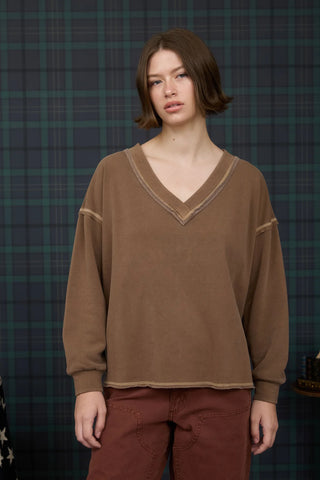 BROWN REVERSE STITCH V NECK LONG SLEEVE KNIT TOP