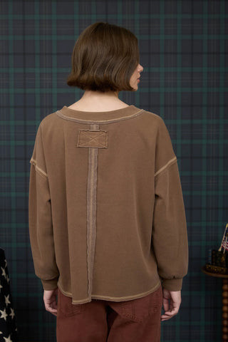 BROWN REVERSE STITCH V NECK LONG SLEEVE KNIT TOP