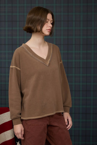BROWN REVERSE STITCH V NECK LONG SLEEVE KNIT TOP