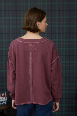 BURGUNDY REVERSE STITCH V NECK LONG SLEEVE KNIT TOP