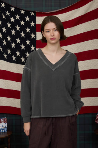 CHARCOAL REVERSE STITCH V NECK LONG SLEEVE KNIT TOP