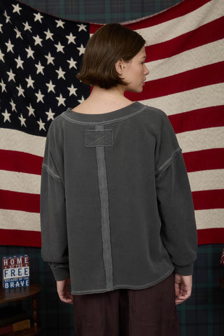 CHARCOAL REVERSE STITCH V NECK LONG SLEEVE KNIT TOP