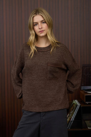 DARK BROWN CREW NECK LONG SLEEVE KNIT TOP Final Sale