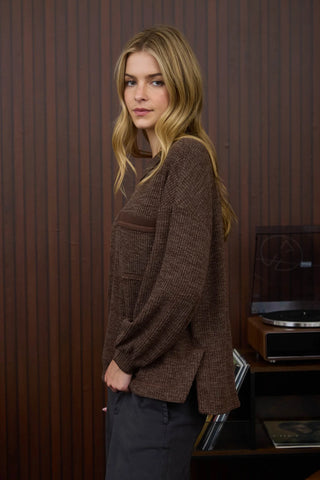 DARK BROWN CREW NECK LONG SLEEVE KNIT TOP Final Sale
