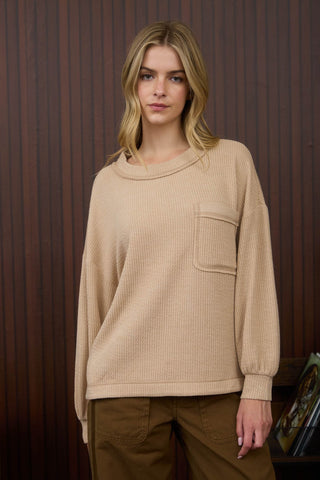 KHAKI CREW NECK LONG SLEEVE KNIT TOP Final Sale