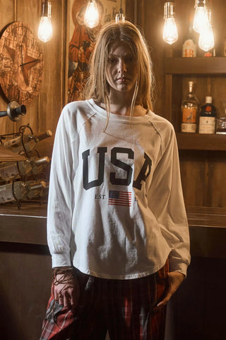 WHITE USA GRAPHIC RAGLAN LONG SLEEVE KNIT TOP