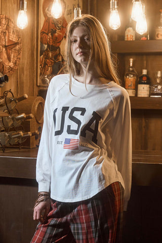 WHITE USA GRAPHIC RAGLAN LONG SLEEVE KNIT TOP