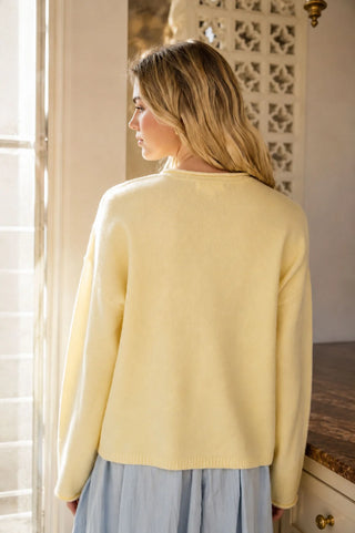 Butter Yellow Raw Rolled Edge Henley Relaxed Pullover Sweater