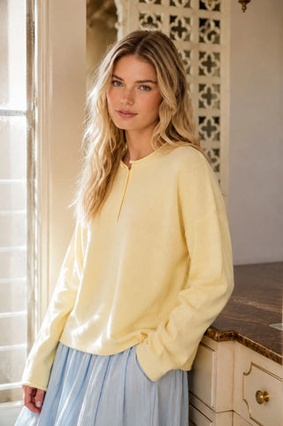 Butter Yellow Raw Rolled Edge Henley Relaxed Pullover Sweater