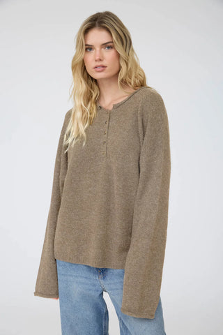 Taupe Raw Rolled Edge Henley Relaxed Pullover Sweater