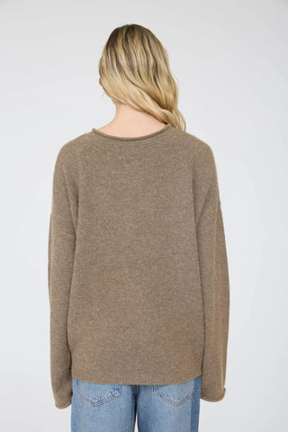 Taupe Raw Rolled Edge Henley Relaxed Pullover Sweater