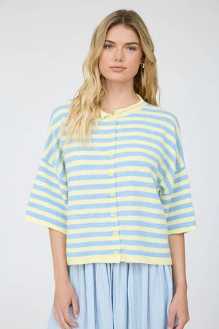 YELLOW STRIPE RAW EDGE SHORT SLEEVE BUTTON DOWN CARDIGAN