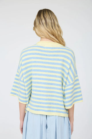 YELLOW STRIPE RAW EDGE SHORT SLEEVE BUTTON DOWN CARDIGAN