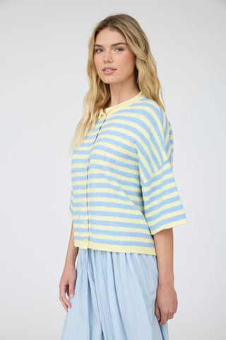 YELLOW STRIPE RAW EDGE SHORT SLEEVE BUTTON DOWN CARDIGAN
