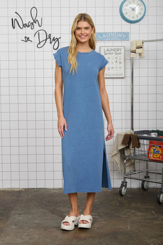 DENIM SHORT SLEEVE SIDE SLIT DETAIL KNIT T-SHIRT MIDI DRESS
