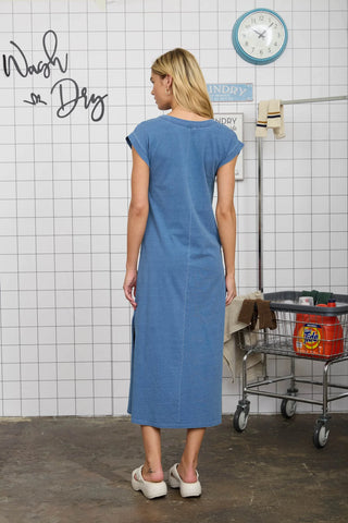 DENIM SHORT SLEEVE SIDE SLIT DETAIL KNIT T-SHIRT MIDI DRESS