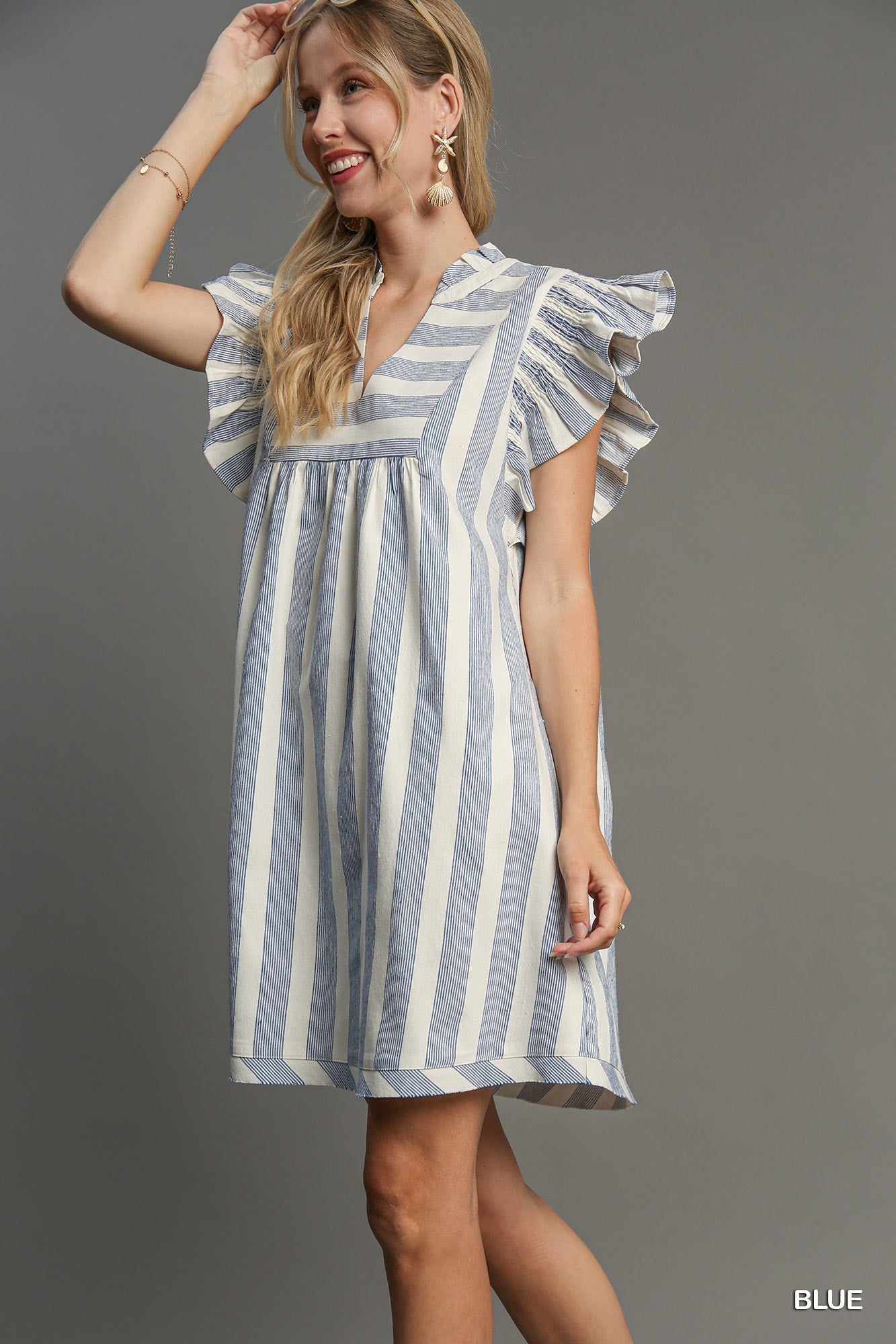 Blue Stripe V-Neck Dress