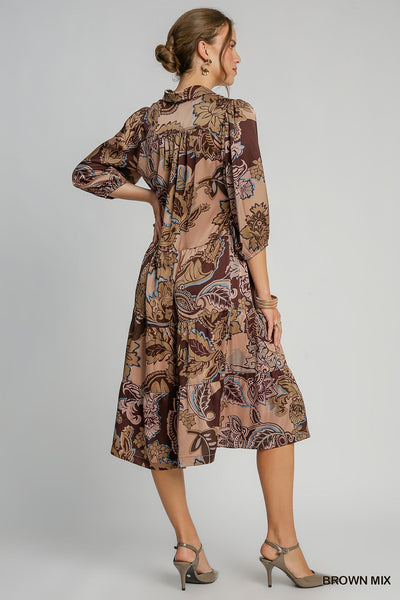 Brown Paisley Print Satin Midi Dress