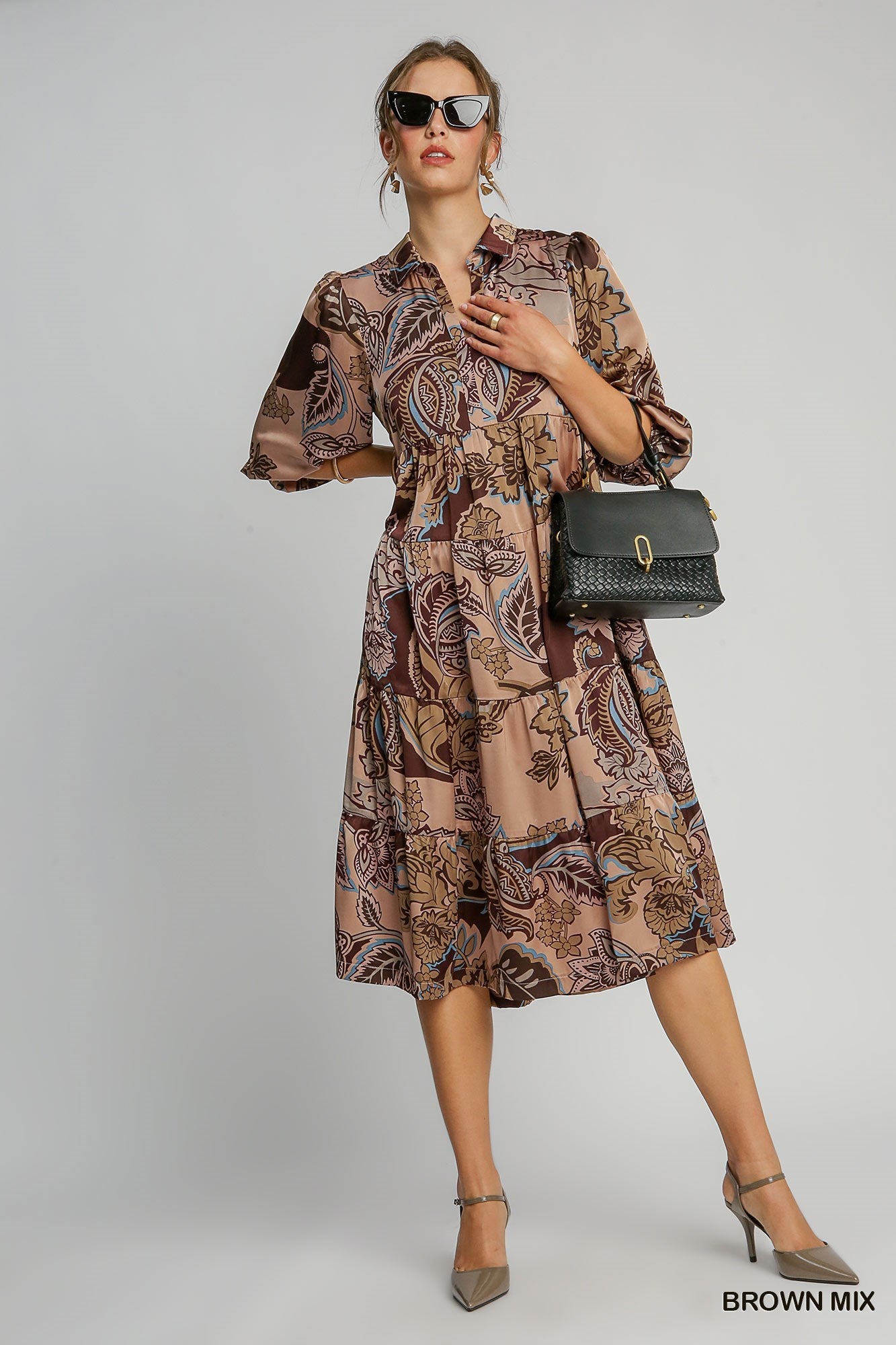 Brown Paisley Print Satin Midi Dress