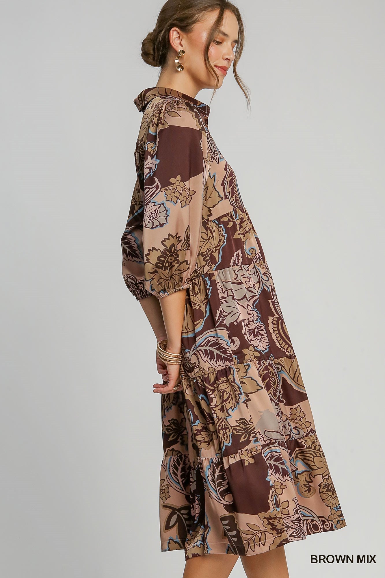 Brown Paisley Print Satin Midi Dress