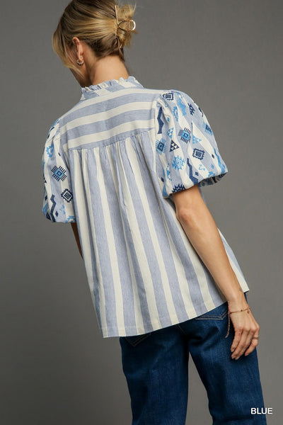 Blue Stripe Split Neck Top