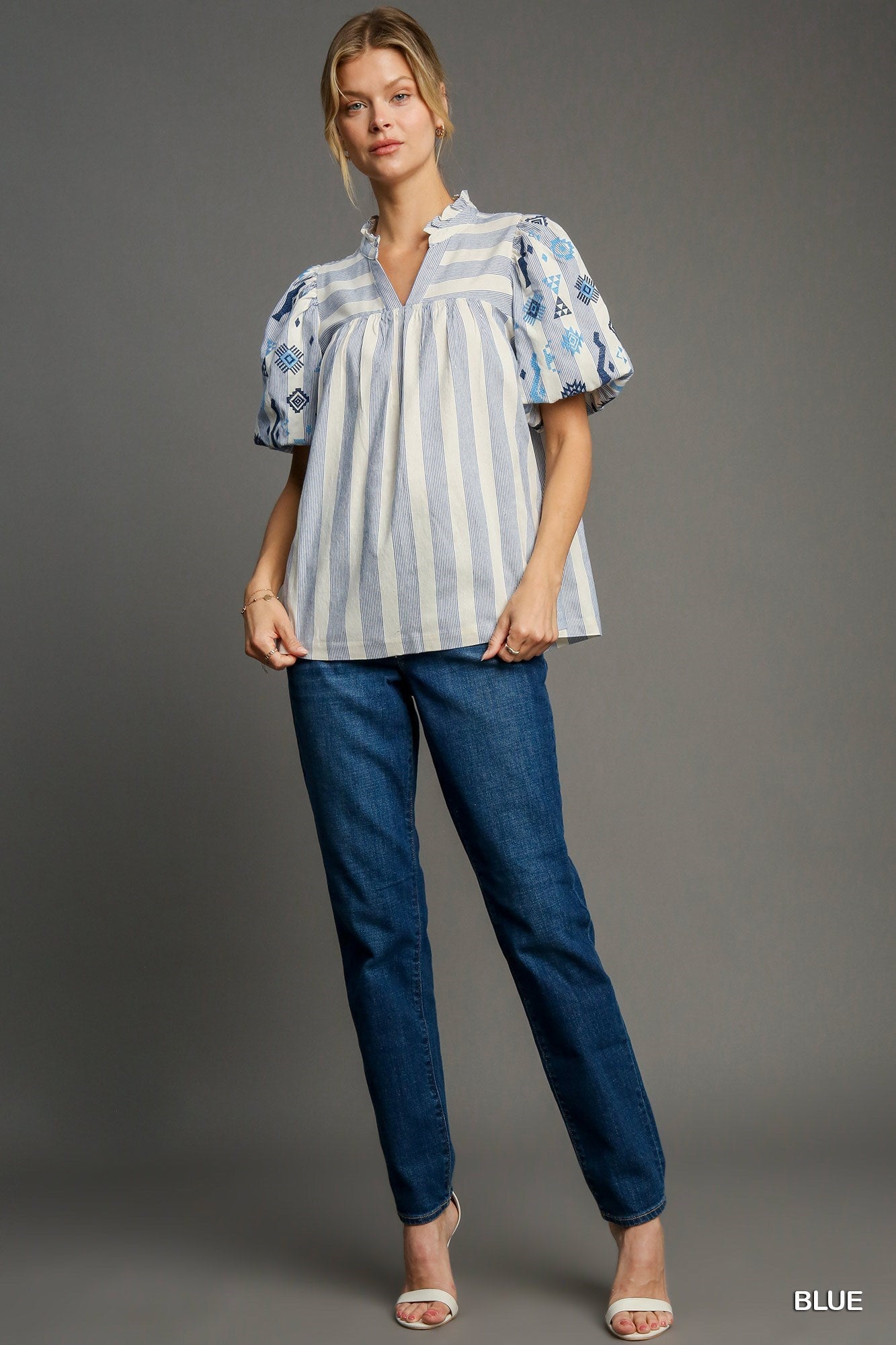 Blue Stripe Split Neck Top