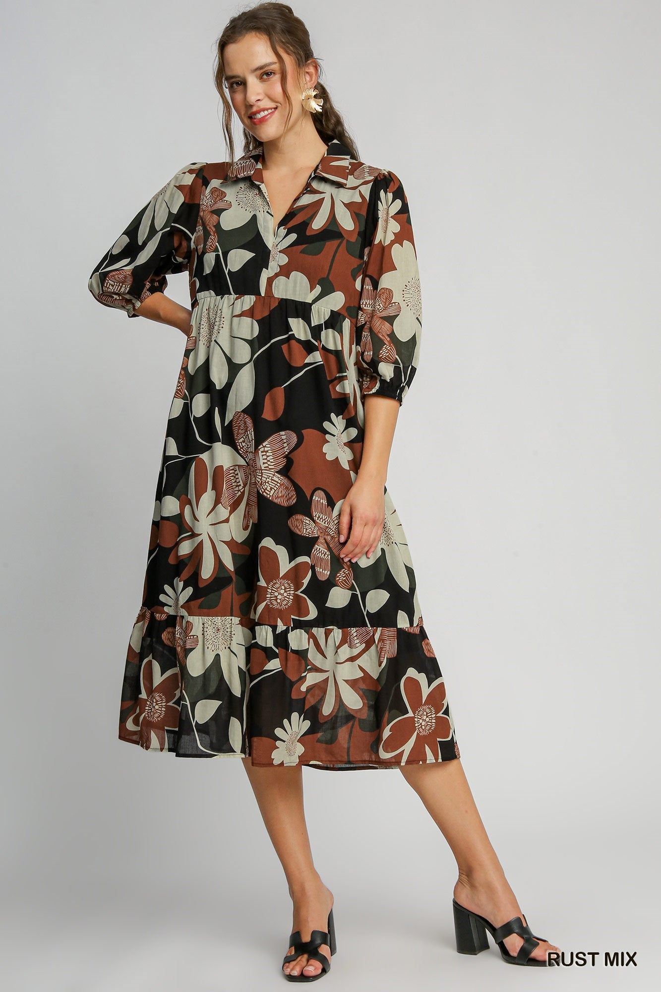 Rust Floral Abstract Print Tiered Dress