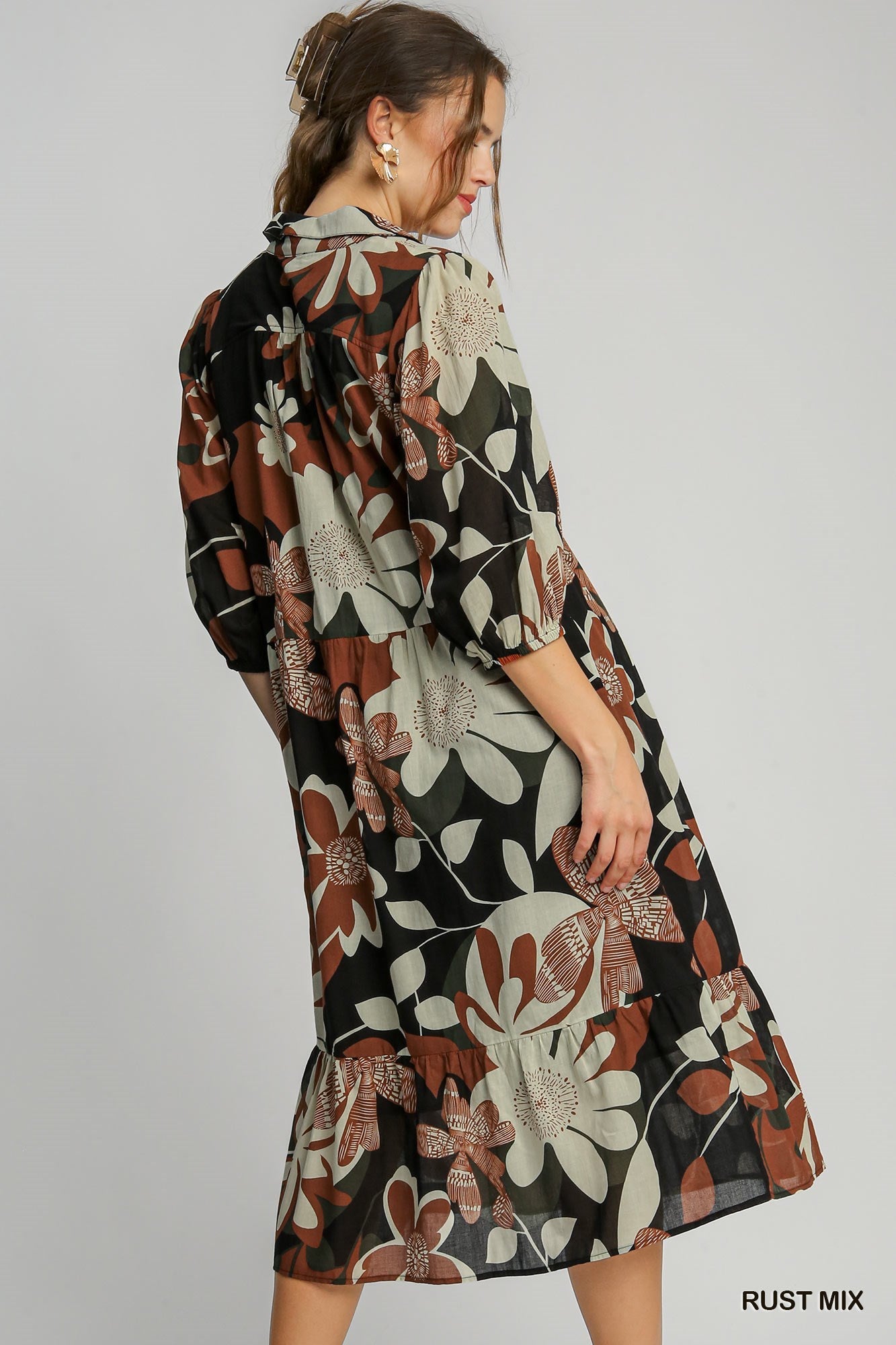 Rust Floral Abstract Print Tiered Dress