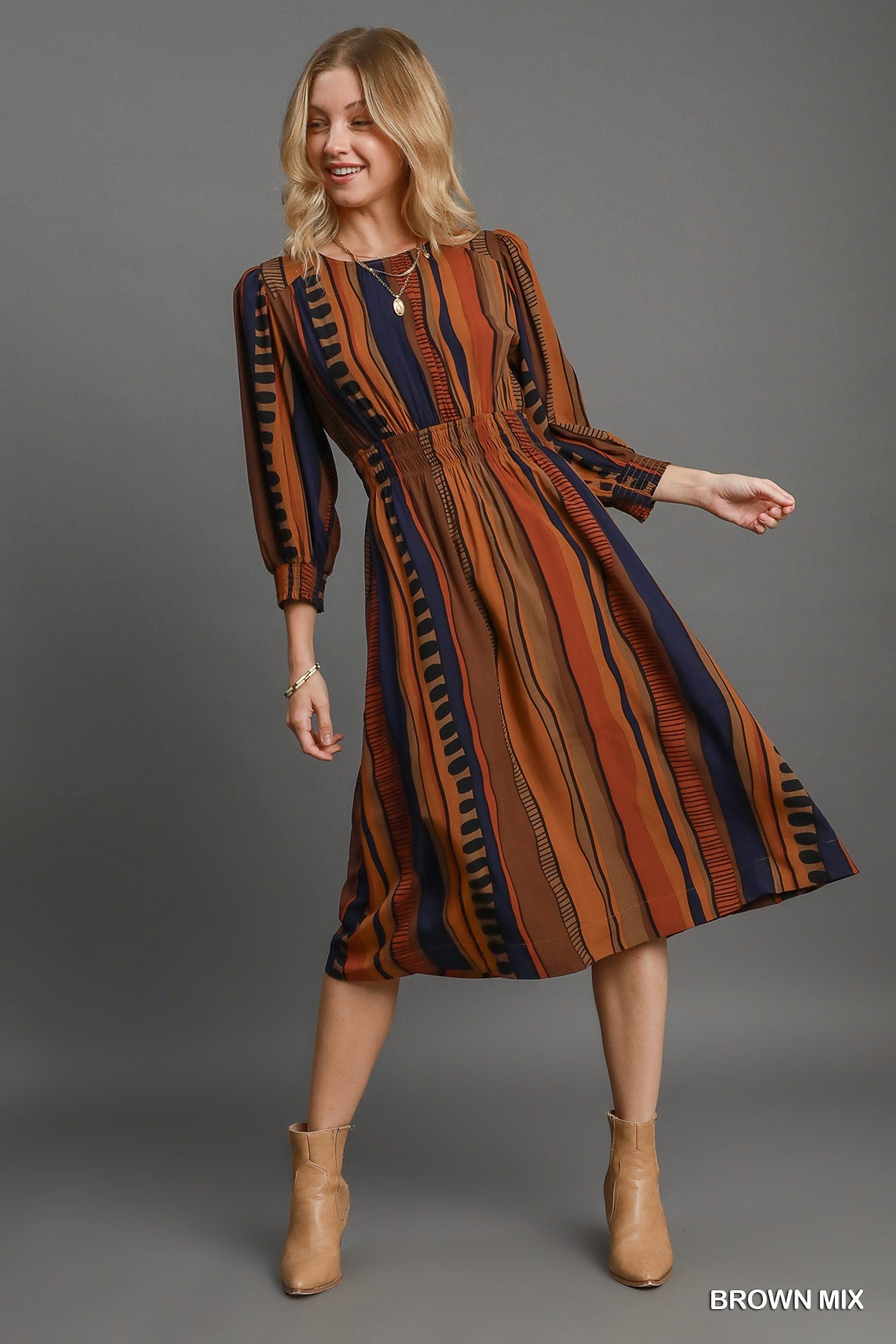 Brown Abstract Print Midi Dress