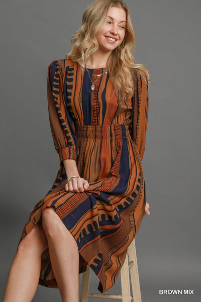 Brown Abstract Print Midi Dress