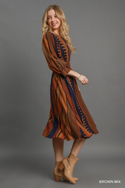 Brown Abstract Print Midi Dress