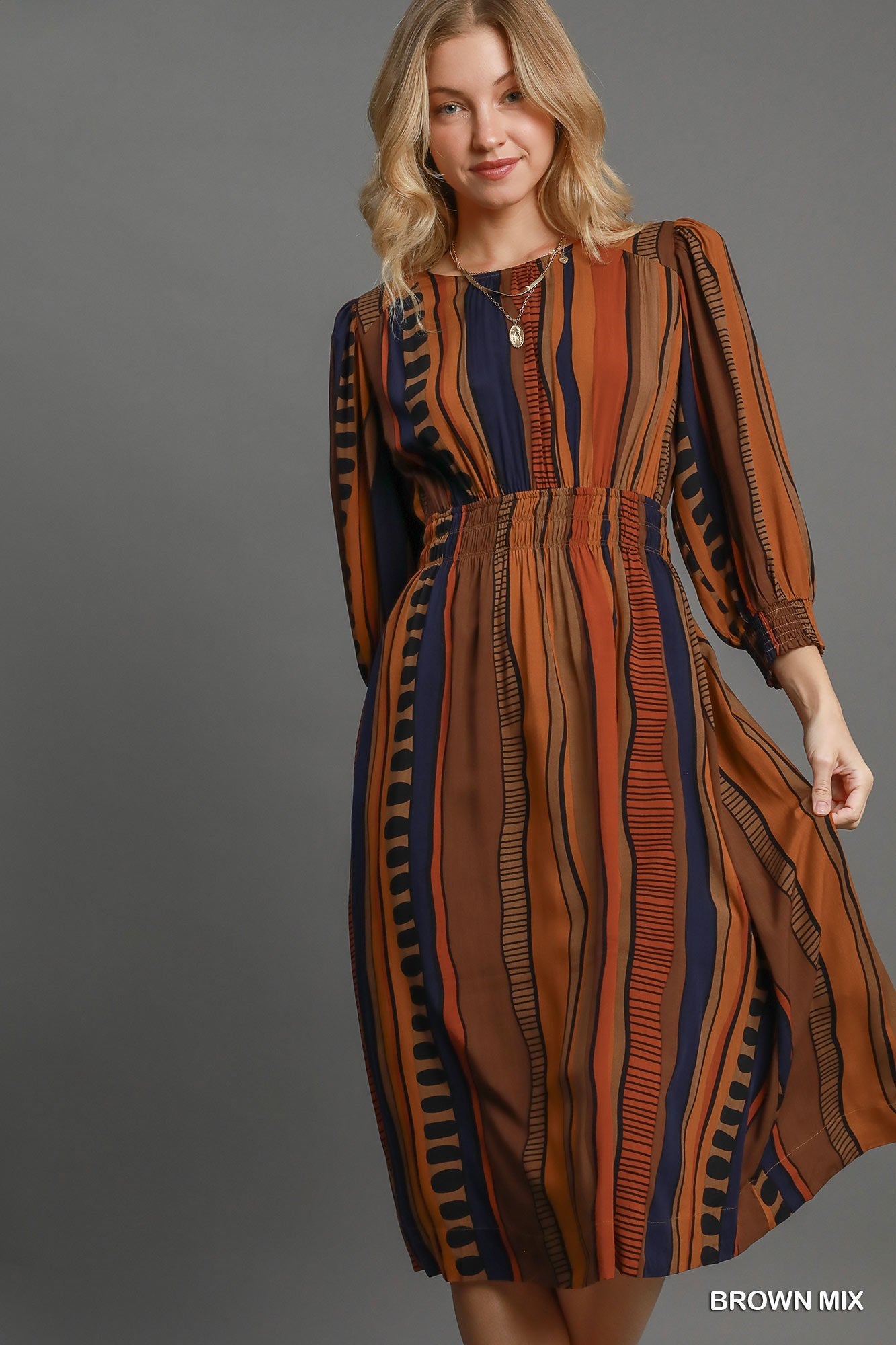 Brown Abstract Print Midi Dress