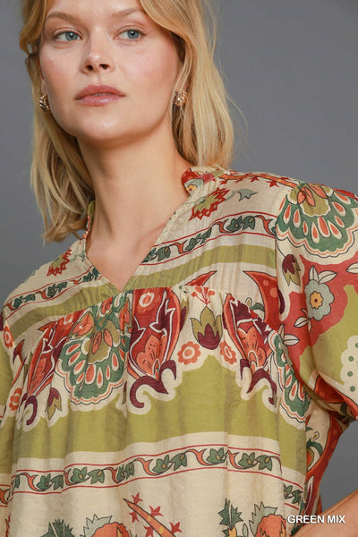 Green Split Neck Print Top