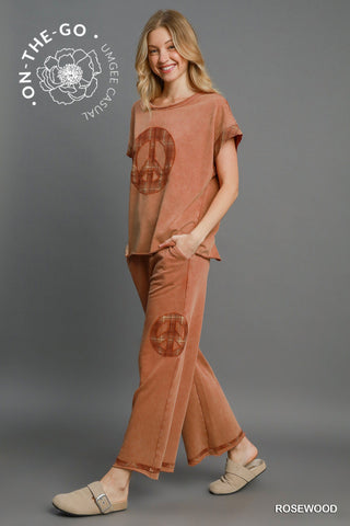 Curvy Rosewood Washed French Terry Peace Top and Bottom Set Final Sale