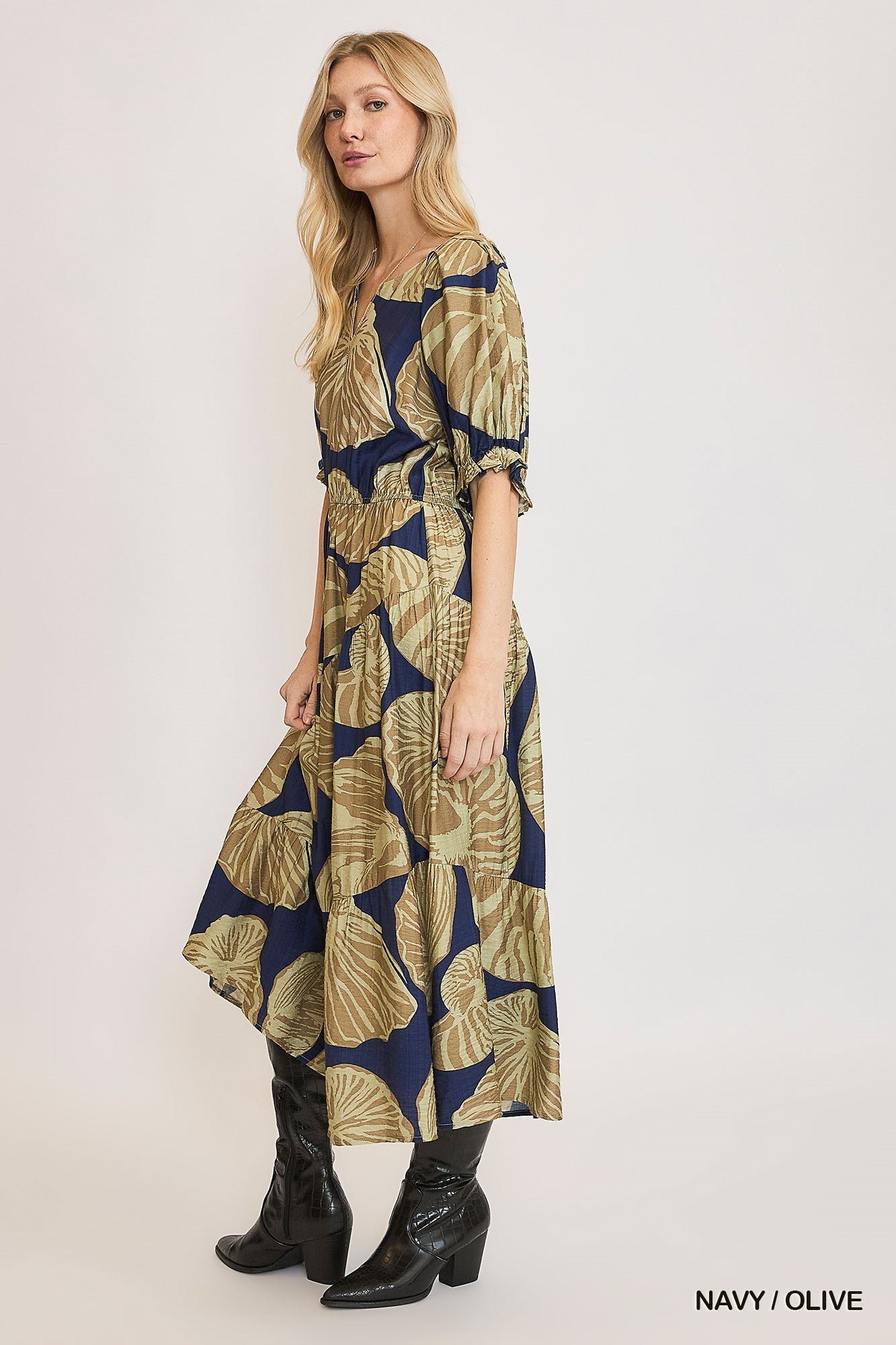 Navy/Olive Floral Print Puff Sleeve Midi Dress