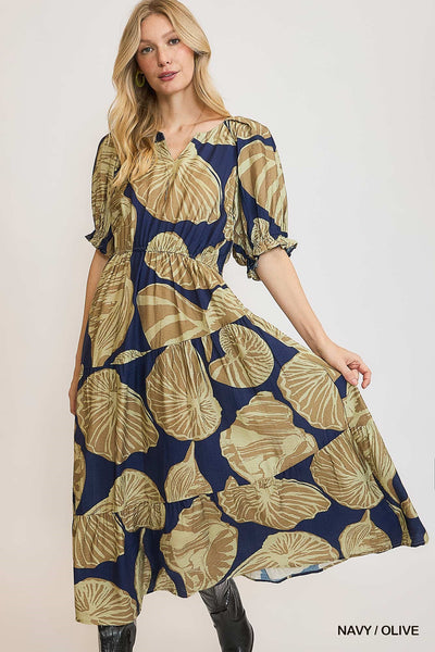 Navy/Olive Floral Print Puff Sleeve Midi Dress