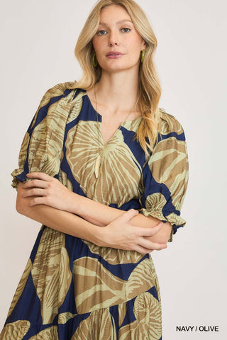 Navy/Olive Floral Print Puff Sleeve Midi Dress Final Sale!