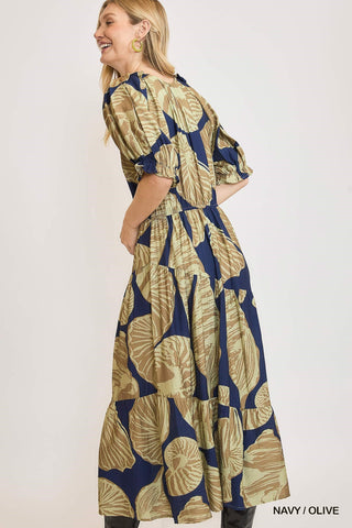 Navy/Olive Floral Print Puff Sleeve Midi Dress Final Sale!