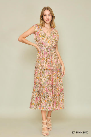 Floral Print Midi Dress with Pintuck and Drawstring Details Final Sale