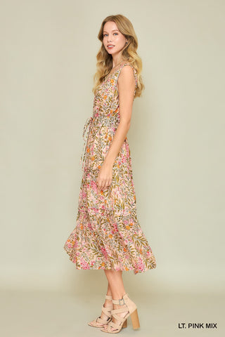 Floral Print Midi Dress with Pintuck and Drawstring Details Final Sale