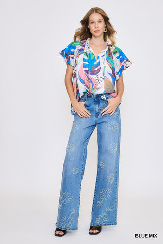 Blue Abstract Print Top with Flutter Sleeves Final Sale