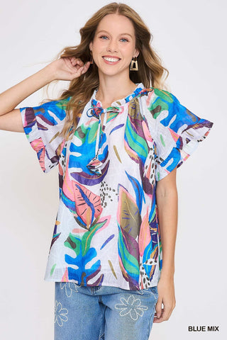 Blue Abstract Print Top with Flutter Sleeves Final Sale