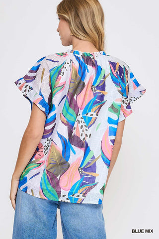 Blue Abstract Print Top with Flutter Sleeves Final Sale