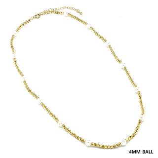 Waterproof Stainless-Steel Gold 4MMBead and Pearl 16"-18" Necklace